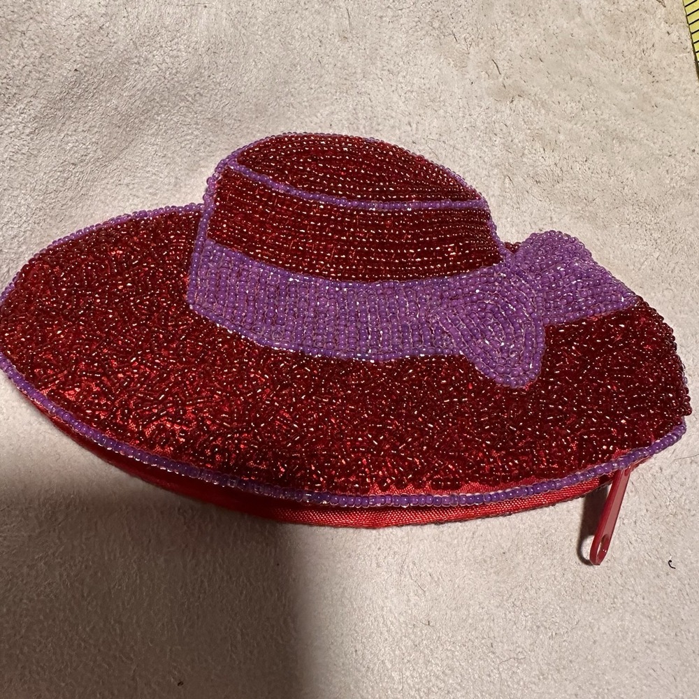 Red Hat Society Vintage Purple Trim Seed Beaded‎ Keychain Coin Purse Wallet - Picture 5 of 6
